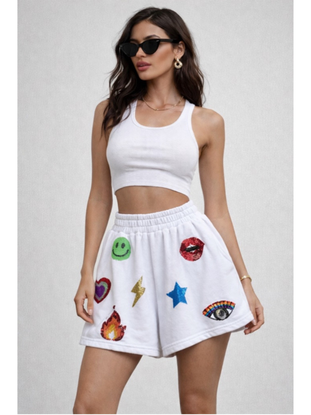Queen of Sparkles Icon Shorts XS White Sequin Patch Smiley Eye Lightning